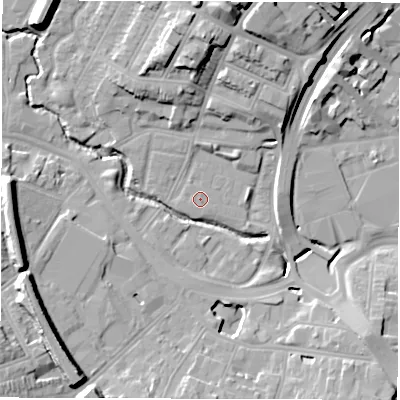 Shaded relief map of the ground around CV13DJ, computed from Environment Agency LiDAR. The ground here sits at about 81 m above sea level and falls 20 m across the surrounding 800 m. The ground contributing surface water to this point lies to the north-north-west.