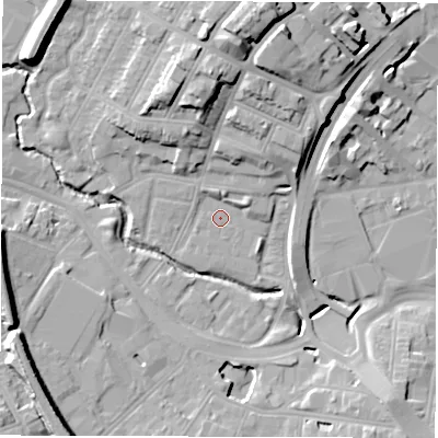 Shaded relief map of the ground around CV13DT, computed from Environment Agency LiDAR. The ground here sits at about 81 m above sea level and falls 21 m across the surrounding 800 m. The ground contributing surface water to this point lies to the west.