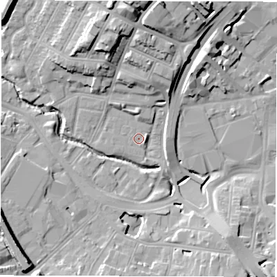 Shaded relief map of the ground around CV13EQ, computed from Environment Agency LiDAR. The ground here sits at about 81 m above sea level and falls 21 m across the surrounding 800 m. Surface water reaching this point runs off ground lying to the east-south-east, 1.6 m higher.