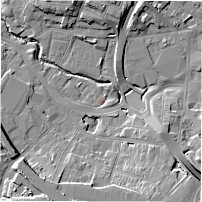 Shaded relief map of the ground around CV13ER, computed from Environment Agency LiDAR. The ground here sits at about 80 m above sea level and falls 18 m across the surrounding 800 m. Surface water reaching this point runs off ground lying to the south, 4.6 m higher.