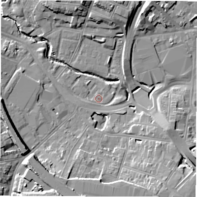 Shaded relief map of the ground around CV13GS, computed from Environment Agency LiDAR. The ground here sits at about 81 m above sea level and falls 18 m across the surrounding 800 m. Surface water reaching this point runs off ground lying to the west-south-west, 1.0 m higher.