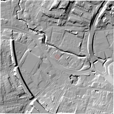 Shaded relief map of the ground around CV13GT, computed from Environment Agency LiDAR. The ground here sits at about 81 m above sea level and falls 18 m across the surrounding 800 m. Surface water reaching this point runs off ground lying to the west-south-west, 4.0 m higher.