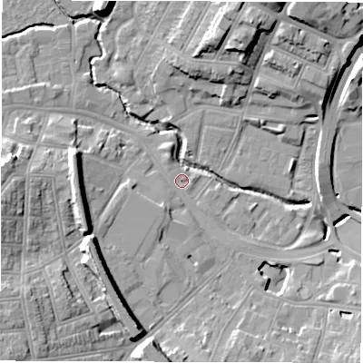 Shaded relief map of the ground around CV13GU, computed from Environment Agency LiDAR. The ground here sits at about 81 m above sea level and falls 19 m across the surrounding 800 m. Surface water reaching this point runs off ground lying to the south-south-west, 3.0 m higher.