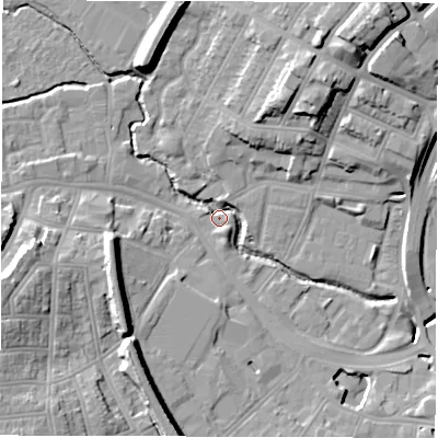 Shaded relief map of the ground around CV13GW, computed from Environment Agency LiDAR. The ground here sits at about 81 m above sea level and falls 21 m across the surrounding 800 m. Surface water reaching this point runs off ground lying to the north-east, 17.2 m higher.