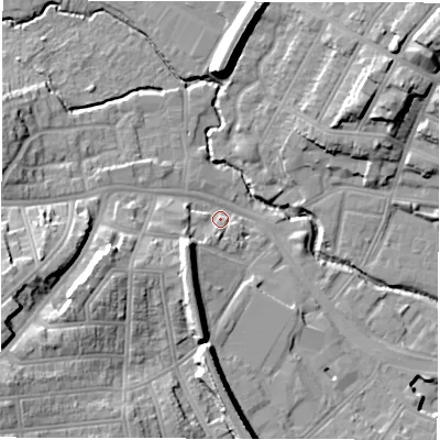 Shaded relief map of the ground around CV13HB, computed from Environment Agency LiDAR. The ground here sits at about 82 m above sea level and falls 21 m across the surrounding 800 m. Surface water reaching this point runs off ground lying to the south-west, 17.9 m higher.