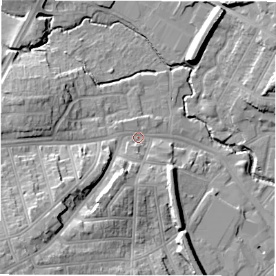 Shaded relief map of the ground around CV13HE, computed from Environment Agency LiDAR. The ground here sits at about 84 m above sea level and falls 24 m across the surrounding 800 m. Surface water reaching this point runs off ground lying to the south-west, 18.1 m higher.