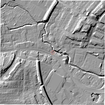 Shaded relief map of the ground around CV13HF, computed from Environment Agency LiDAR. The ground here sits at about 81 m above sea level and falls 20 m across the surrounding 800 m. Surface water reaching this point runs off ground lying to the south-west, 17.0 m higher.