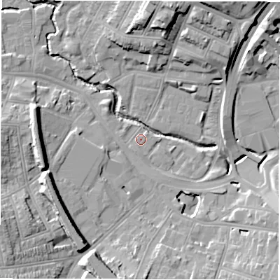 Shaded relief map of the ground around CV13HH, computed from Environment Agency LiDAR. The ground here sits at about 81 m above sea level and falls 19 m across the surrounding 800 m. Surface water reaching this point runs off ground lying to the south-west, 16.2 m higher.
