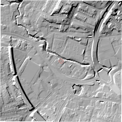 Shaded relief map of the ground around CV13HJ, computed from Environment Agency LiDAR. The ground here sits at about 81 m above sea level and falls 19 m across the surrounding 800 m. Surface water reaching this point runs off ground lying to the north, 17.5 m higher.