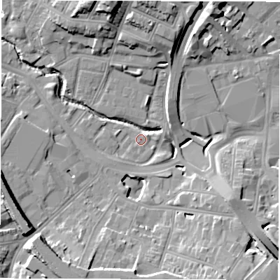 Shaded relief map of the ground around CV13HL, computed from Environment Agency LiDAR. The ground here sits at about 80 m above sea level and falls 17 m across the surrounding 800 m. Surface water reaching this point runs off ground lying to the west-south-west, 4.7 m higher.