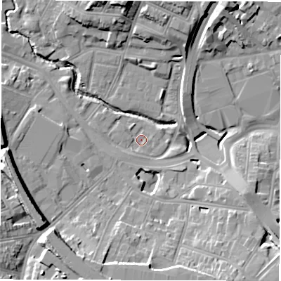 Shaded relief map of the ground around CV13HN, computed from Environment Agency LiDAR. The ground here sits at about 80 m above sea level and falls 16 m across the surrounding 800 m. Surface water reaching this point runs off ground lying to the north, 15.2 m higher.