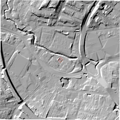 Shaded relief map of the ground around CV13HP, computed from Environment Agency LiDAR. The ground here sits at about 80 m above sea level and falls 18 m across the surrounding 800 m. Surface water reaching this point runs off ground lying to the south-west, 4.3 m higher.