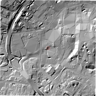 Shaded relief map of the ground around CV13HT, computed from Environment Agency LiDAR. The ground here sits at about 80 m above sea level and falls 17 m across the surrounding 800 m. Surface water reaching this point runs off ground lying to the east, 13.2 m higher.