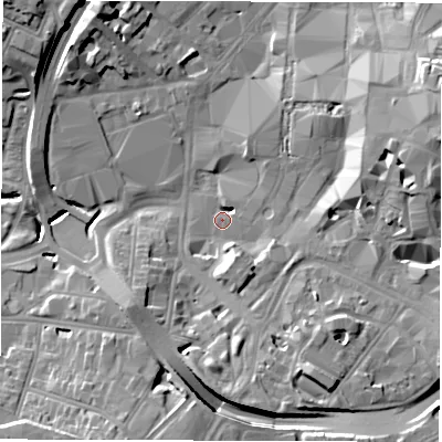 Shaded relief map of the ground around CV13HW, computed from Environment Agency LiDAR. The ground here sits at about 80 m above sea level and falls 15 m across the surrounding 800 m. Surface water reaching this point runs off ground lying to the south, 9.9 m higher.