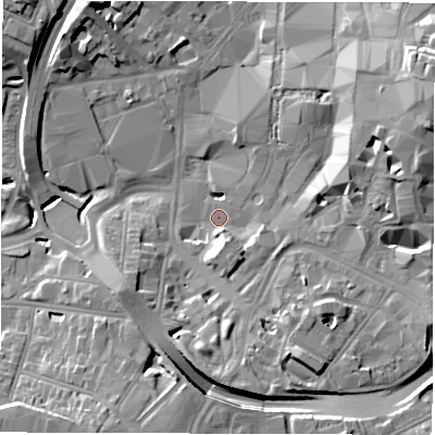 Shaded relief map of the ground around CV13HX, computed from Environment Agency LiDAR. The ground here sits at about 80 m above sea level and falls 15 m across the surrounding 800 m. Surface water reaching this point runs off ground lying to the south, 4.9 m higher.