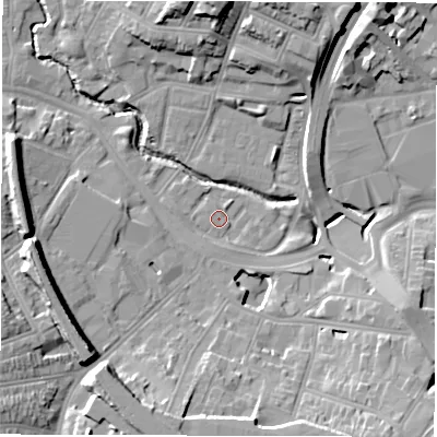 Shaded relief map of the ground around CV13HZ, computed from Environment Agency LiDAR. The ground here sits at about 81 m above sea level and falls 17 m across the surrounding 800 m. Surface water reaching this point runs off ground lying to the south-west, 4.3 m higher.