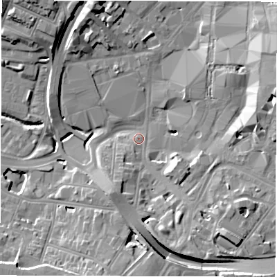 Shaded relief map of the ground around CV13JB, computed from Environment Agency LiDAR. The ground here sits at about 81 m above sea level and falls 14 m across the surrounding 800 m. Surface water reaching this point runs off ground lying to the south, 10.4 m higher.