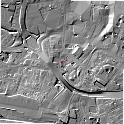 Shaded relief map of the ground around CV13JH, computed from Environment Agency LiDAR. The ground here sits at about 84 m above sea level and falls 21 m across the surrounding 800 m. Surface water reaching this point runs off ground lying to the south, 12.4 m higher.