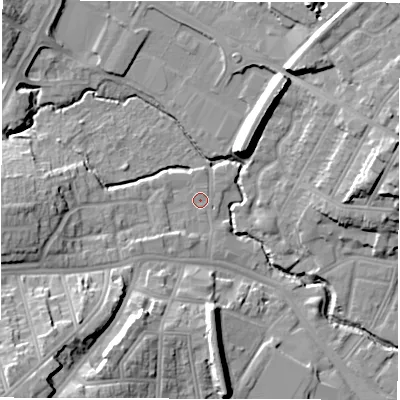 Shaded relief map of the ground around CV13JQ, computed from Environment Agency LiDAR. The ground here sits at about 82 m above sea level and falls 21 m across the surrounding 800 m. Surface water reaching this point runs off ground lying to the south-west, 2.6 m higher.