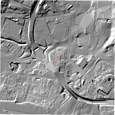 Shaded relief map of the ground around CV13JU, computed from Environment Agency LiDAR. The ground here sits at about 83 m above sea level and falls 15 m across the surrounding 800 m. Surface water reaching this point runs off ground lying to the south, 4.4 m higher.