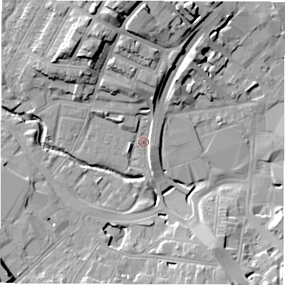 Shaded relief map of the ground around CV13LD, computed from Environment Agency LiDAR. The ground here sits at about 80 m above sea level and falls 21 m across the surrounding 800 m. Surface water reaching this point runs off ground lying to the north-north-west, 9.5 m higher.