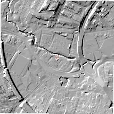 Shaded relief map of the ground around CV13LH, computed from Environment Agency LiDAR. The ground here sits at about 80 m above sea level and falls 19 m across the surrounding 800 m. Surface water reaching this point runs off ground lying to the south, 3.2 m higher.