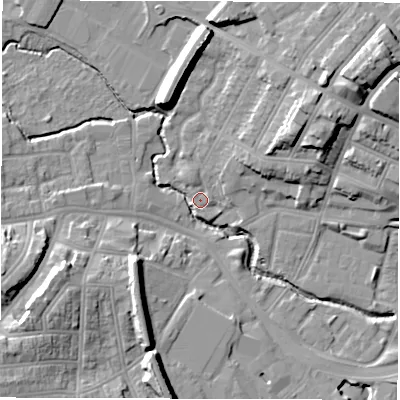 Shaded relief map of the ground around CV13PF, computed from Environment Agency LiDAR. The ground here sits at about 82 m above sea level and falls 20 m across the surrounding 800 m. Surface water reaching this point runs off ground lying to the south-west, 18.1 m higher.