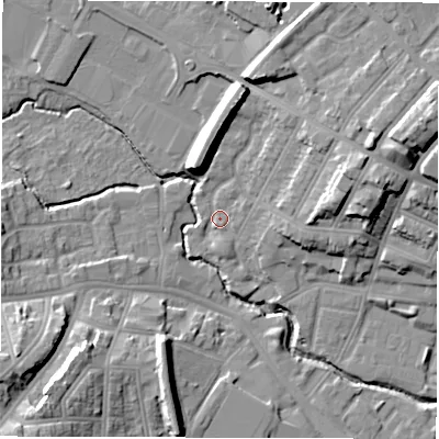 Shaded relief map of the ground around CV13PG, computed from Environment Agency LiDAR. The ground here sits at about 82 m above sea level and falls 20 m across the surrounding 800 m. Surface water reaching this point runs off ground lying to the north-east, 10.6 m higher.