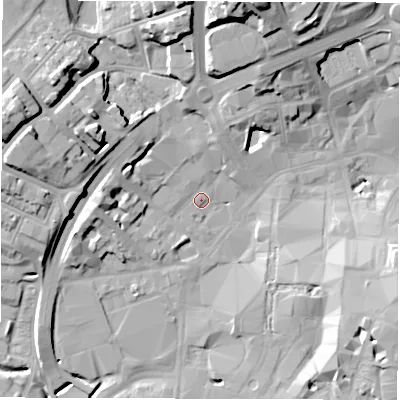 Shaded relief map of the ground around CV14AH, computed from Environment Agency LiDAR. The ground here sits at about 80 m above sea level and falls 25 m across the surrounding 800 m. Surface water reaching this point runs off ground lying to the north, 3.7 m higher.