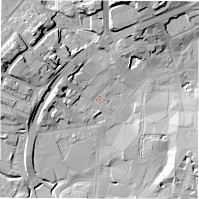 Shaded relief map of the ground around CV14AN, computed from Environment Agency LiDAR. The ground here sits at about 80 m above sea level and falls 24 m across the surrounding 800 m. Surface water reaching this point runs off ground lying to the north-north-east, 19.8 m higher.