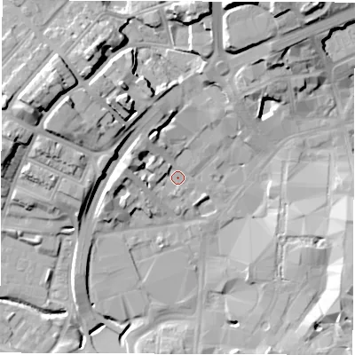 Shaded relief map of the ground around CV14AX, computed from Environment Agency LiDAR. The ground here sits at about 80 m above sea level and falls 21 m across the surrounding 800 m. Surface water reaching this point runs off ground lying to the north-north-west, 6.9 m higher.