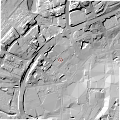 Shaded relief map of the ground around CV14FA, computed from Environment Agency LiDAR. The ground here sits at about 81 m above sea level and falls 25 m across the surrounding 800 m. Surface water reaching this point runs off ground lying to the north-north-east, 20.4 m higher.