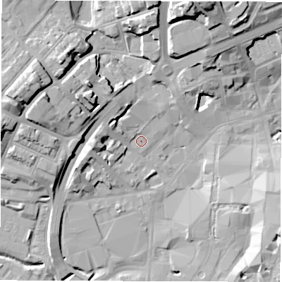 Shaded relief map of the ground around CV14GZ, computed from Environment Agency LiDAR. The ground here sits at about 80 m above sea level and falls 25 m across the surrounding 800 m. Surface water reaching this point runs off ground lying to the west-north-west, 2.0 m higher.