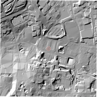 Shaded relief map of the ground around CV15AD, computed from Environment Agency LiDAR. The ground here sits at about 78 m above sea level and falls 26 m across the surrounding 800 m. Surface water reaching this point runs off ground lying to the north-west, 22.7 m higher.