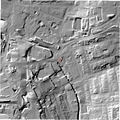 Shaded relief map of the ground around CV15DE, computed from Environment Agency LiDAR. The ground here sits at about 76 m above sea level and falls 21 m across the surrounding 800 m. Surface water reaching this point runs off ground lying to the south-west, 18.1 m higher.