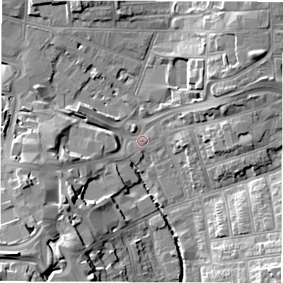 Shaded relief map of the ground around CV15DH, computed from Environment Agency LiDAR. The ground here sits at about 75 m above sea level and falls 21 m across the surrounding 800 m. Surface water reaching this point runs off ground lying to the south-west, 18.0 m higher.
