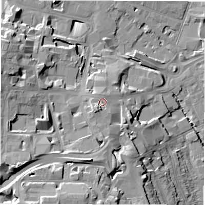 Shaded relief map of the ground around CV15DL, computed from Environment Agency LiDAR. The ground here sits at about 84 m above sea level and falls 22 m across the surrounding 800 m. Surface water reaching this point runs off ground lying to the south-south-west, 3.4 m higher.