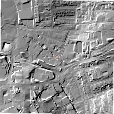 Shaded relief map of the ground around CV15DQ, computed from Environment Agency LiDAR. The ground here sits at about 76 m above sea level and falls 17 m across the surrounding 800 m. Surface water reaching this point runs off ground lying to the south-west, 14.1 m higher.