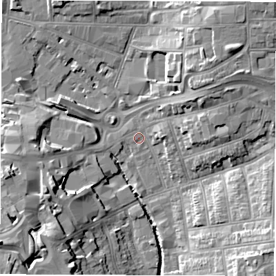 Shaded relief map of the ground around CV15DU, computed from Environment Agency LiDAR. The ground here sits at about 75 m above sea level and falls 21 m across the surrounding 800 m. Surface water reaching this point runs off ground lying to the north-east, 10.0 m higher.