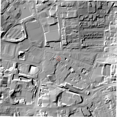 Shaded relief map of the ground around CV15PA, computed from Environment Agency LiDAR. The ground here sits at about 78 m above sea level and falls 17 m across the surrounding 800 m. Surface water reaching this point runs off ground lying to the north, 1.8 m higher.