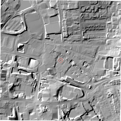 Shaded relief map of the ground around CV15PB, computed from Environment Agency LiDAR. The ground here sits at about 76 m above sea level and falls 16 m across the surrounding 800 m. Surface water reaching this point runs off ground lying to the north, 2.5 m higher.