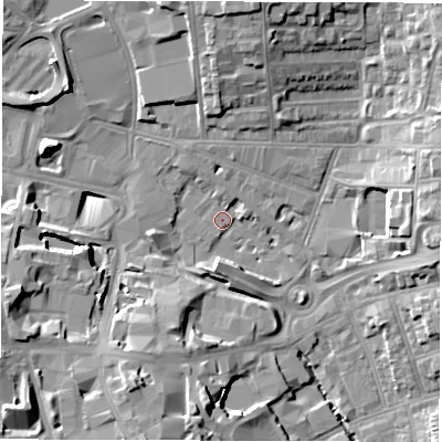 Shaded relief map of the ground around CV15PE, computed from Environment Agency LiDAR. The ground here sits at about 76 m above sea level and falls 16 m across the surrounding 800 m. Surface water reaching this point runs off ground lying to the south-west, 16.1 m higher.