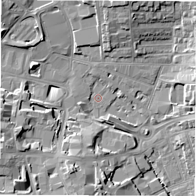 Shaded relief map of the ground around CV15PP, computed from Environment Agency LiDAR. The ground here sits at about 76 m above sea level and falls 16 m across the surrounding 800 m. Surface water reaching this point runs off ground lying to the north, 2.6 m higher.