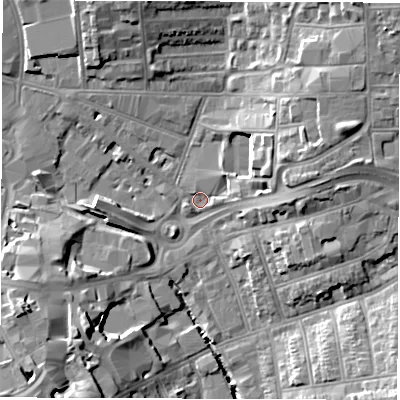 Shaded relief map of the ground around CV15PQ, computed from Environment Agency LiDAR. The ground here sits at about 76 m above sea level and falls 16 m across the surrounding 800 m. Surface water reaching this point runs off ground lying to the east, 4.2 m higher.