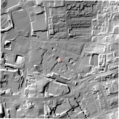 Shaded relief map of the ground around CV15PS, computed from Environment Agency LiDAR. The ground here sits at about 76 m above sea level and falls 16 m across the surrounding 800 m. Surface water reaching this point runs off ground lying to the south-west, 16.1 m higher.