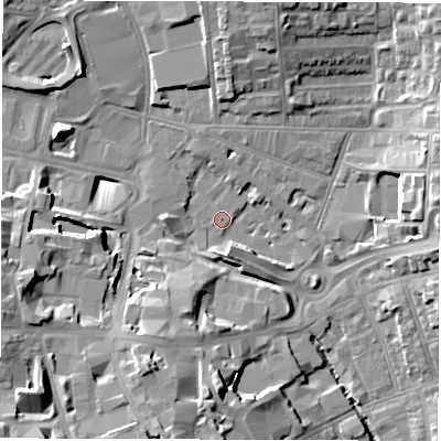 Shaded relief map of the ground around CV15PY, computed from Environment Agency LiDAR. The ground here sits at about 76 m above sea level and falls 17 m across the surrounding 800 m. Surface water reaching this point runs off ground lying to the south-west, 16.1 m higher.