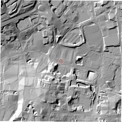 Shaded relief map of the ground around CV15RX, computed from Environment Agency LiDAR. The ground here sits at about 78 m above sea level and falls 26 m across the surrounding 800 m. Surface water reaching this point runs off ground lying to the north-west, 22.8 m higher.