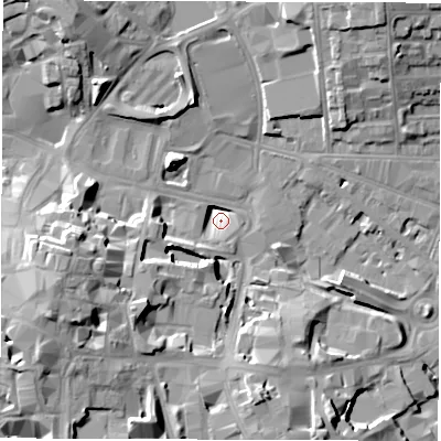 Shaded relief map of the ground around CV15RY, computed from Environment Agency LiDAR. The ground here sits at about 75 m above sea level and falls 19 m across the surrounding 800 m. Surface water reaching this point runs off ground lying to the west-south-west, 18.3 m higher.