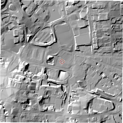 Shaded relief map of the ground around CV15SZ, computed from Environment Agency LiDAR. The ground here sits at about 77 m above sea level and falls 19 m across the surrounding 800 m. Surface water reaching this point runs off ground lying to the north-north-west, 6.1 m higher.