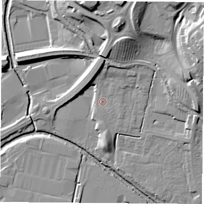 Shaded relief map of the ground around CV211AB, computed from Environment Agency LiDAR. The ground here sits at about 88 m above sea level and falls 28 m across the surrounding 800 m. Surface water reaching this point runs off ground lying to the north, 6.0 m higher.